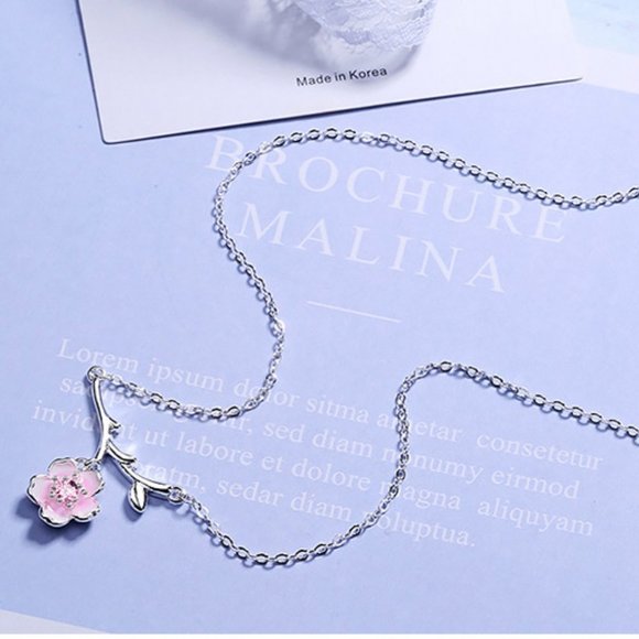 #NEW 925 Sterling Silver Pink White Diamond Cherry Blossom Leaf Branch Necklace - Picture 5 of 11